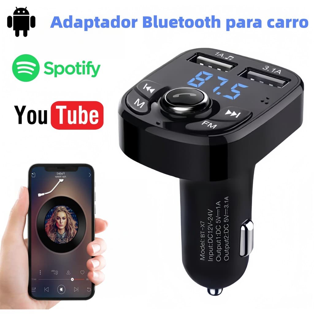 Adaptador Bluetooth Carro Transmissor FM Carregador Veicular Compatível com Android e iPhone