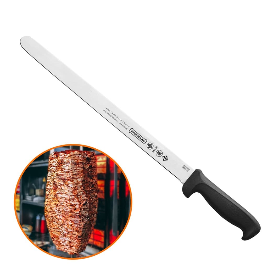 Faca Fiambre Lisa Inox 35cm 14pol Fatiador Kebab Frios Churrasco Cabo Preto Antibacteria Mundial