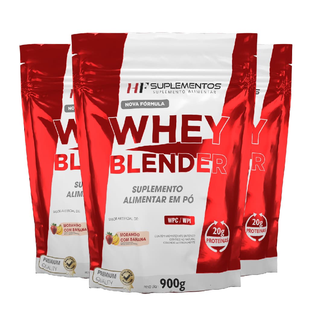 3X WHEY BLENDER CONCENTRADO MORANGO C/ BANANA 900G HF SUPLEMENTOS