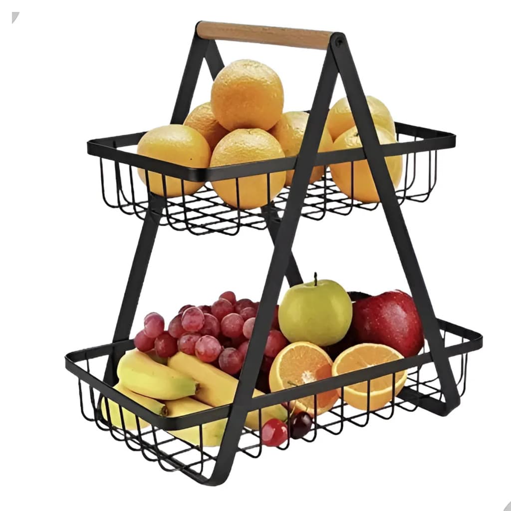 Fruteira de Metal 2 Andares com Alça em Madeira Multiuso – Preta/Branca Cozinha Elegante