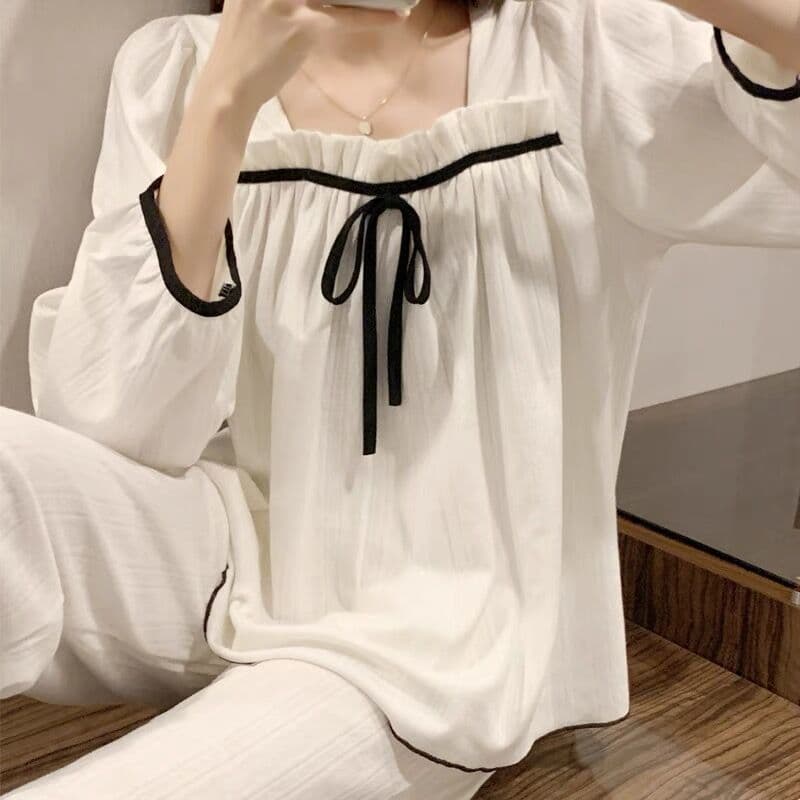 Novo estilo primavera outono pijamas feminino arco manga longa estilo princesa doce Casual pode usar fora Homewear terno