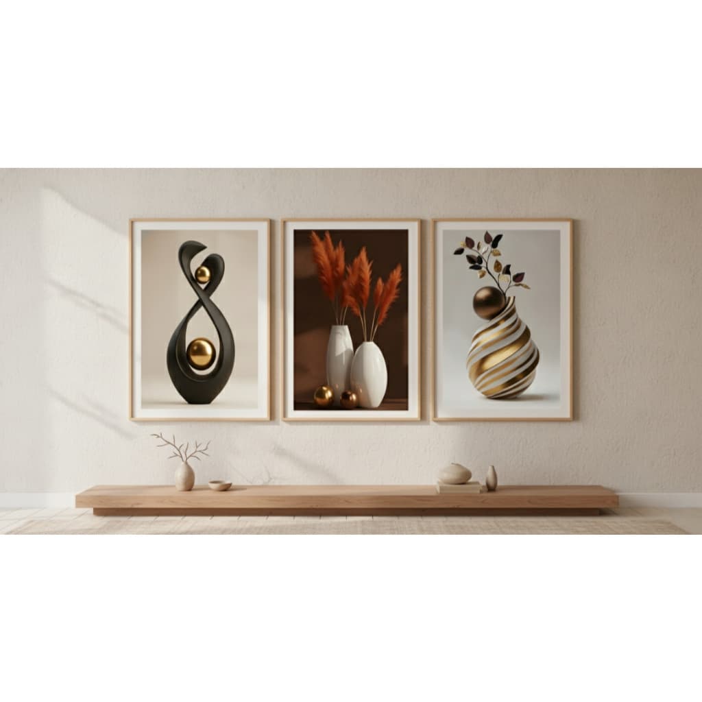 Kit Quadro abstrato decoração 3 peças vaso moderno bola dourada com flor para sala escritório hall
