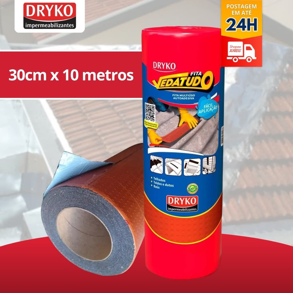 Fita Manta Asfáltica Terracota 30cm X 10m Telhado Fita Auto Adesiva Vedatudo - Dryko