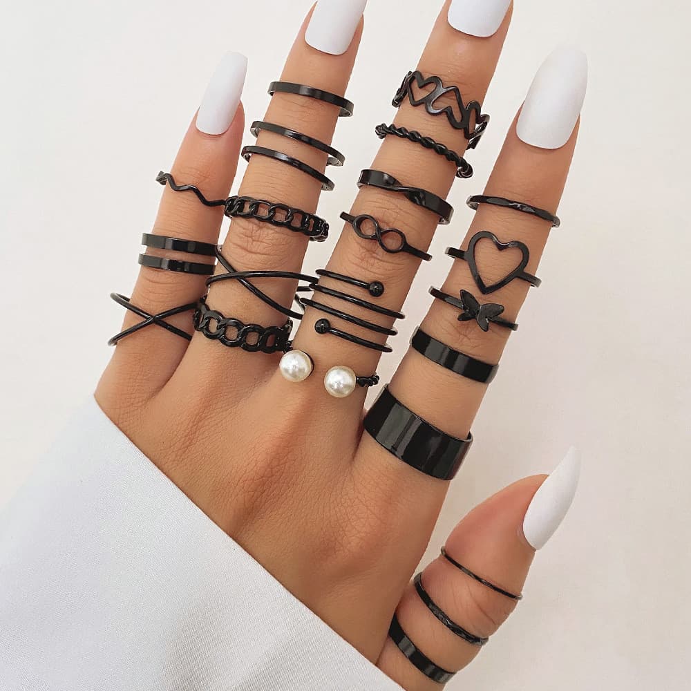 Conjunto de Anéis Pretos 22 Peças Estilo Y2K e Minimalista para Mulheres