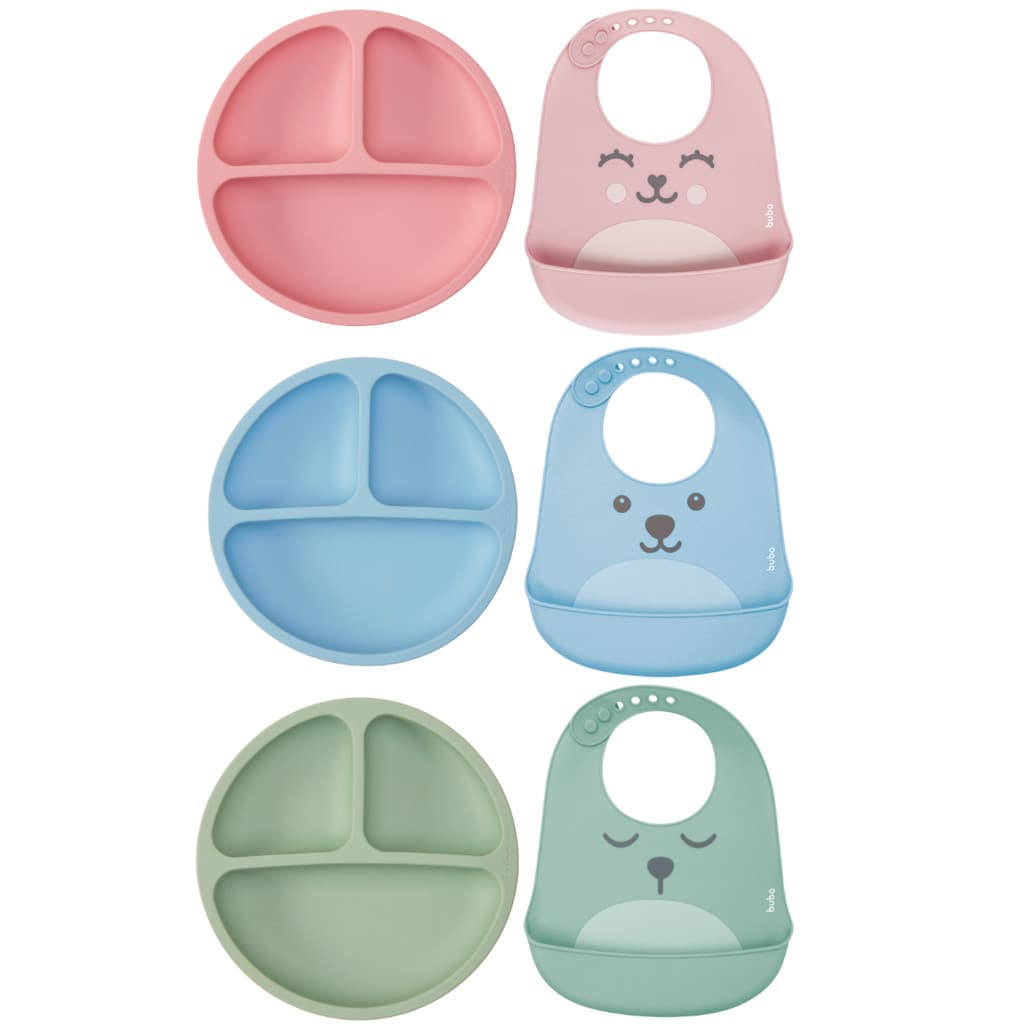 Kit Alimentação Silicone Buba 2 Peças Prato Divisórias e Babador Gumy Pega Migalhas Fecho Ajustável