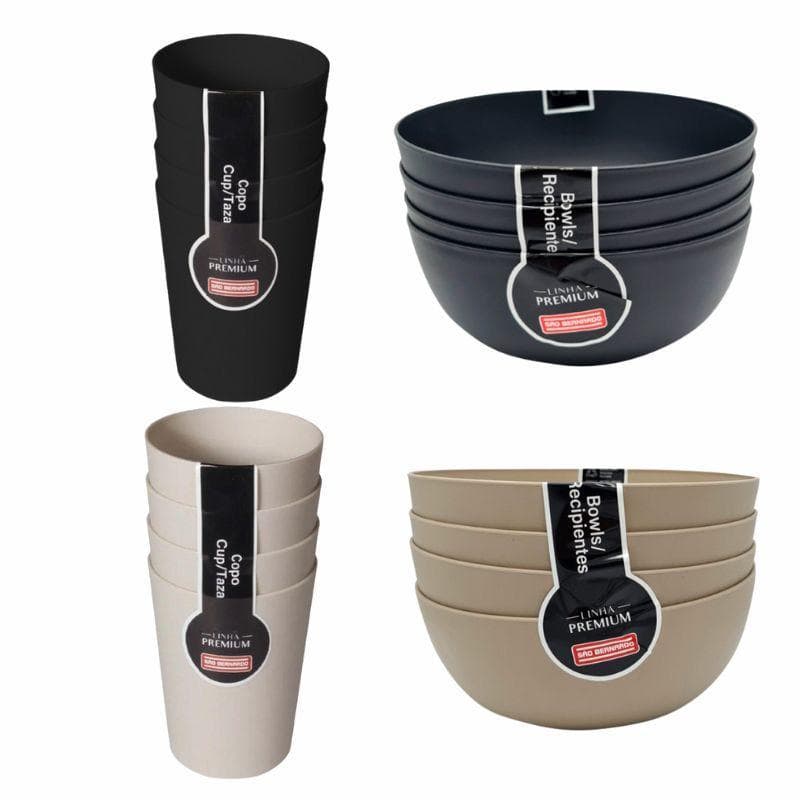 KIT 8 PEÇAS: 4 Copos 550ml + 4 Bowls Tigelas 1,1L Plástico Resistente, Não Quebra, São Bernardo BPA Free 🛒