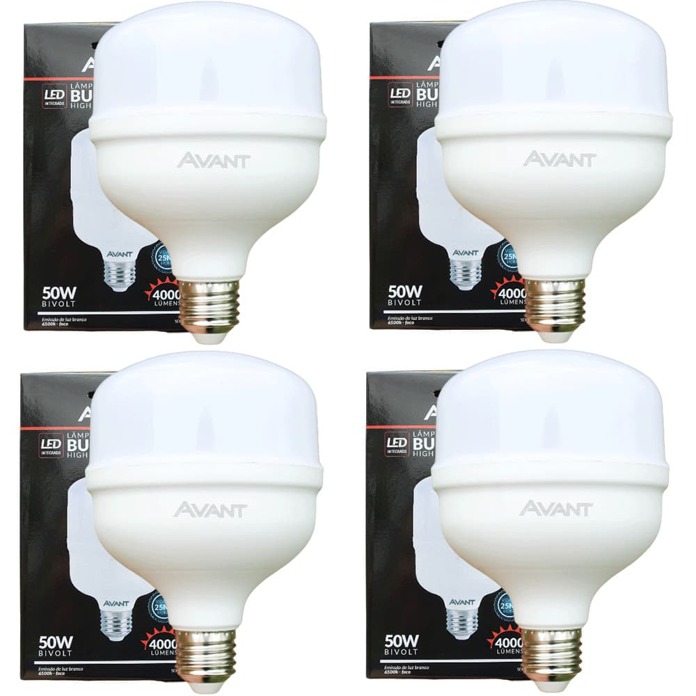Kit 4 Lâmpadas LED Avant 50W High Power 4000lm Luz Branca 6500K Bivolt Base E27 Alta Iluminação