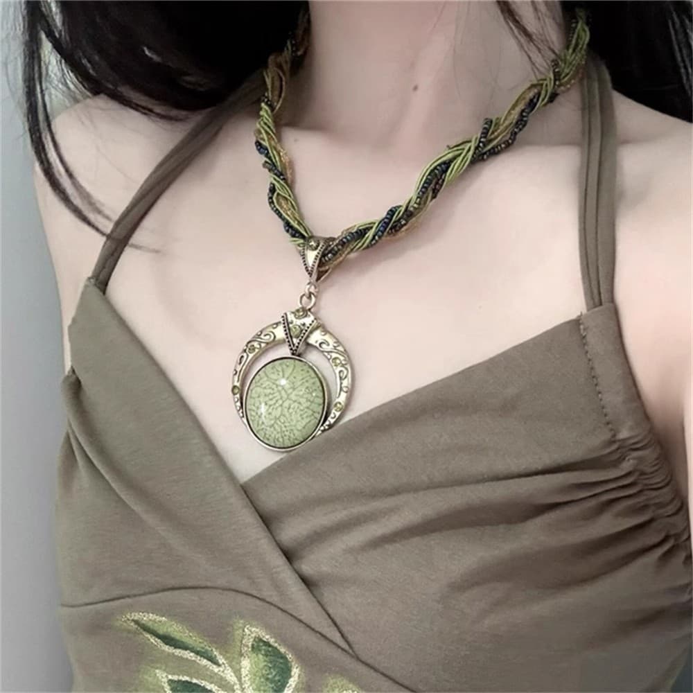 Cor Misturada Tecido Corda Redonda Pedra Preciosa Colar Estilo Boêmio Moda Étnica Enrolamento Pingente Jóias Presente