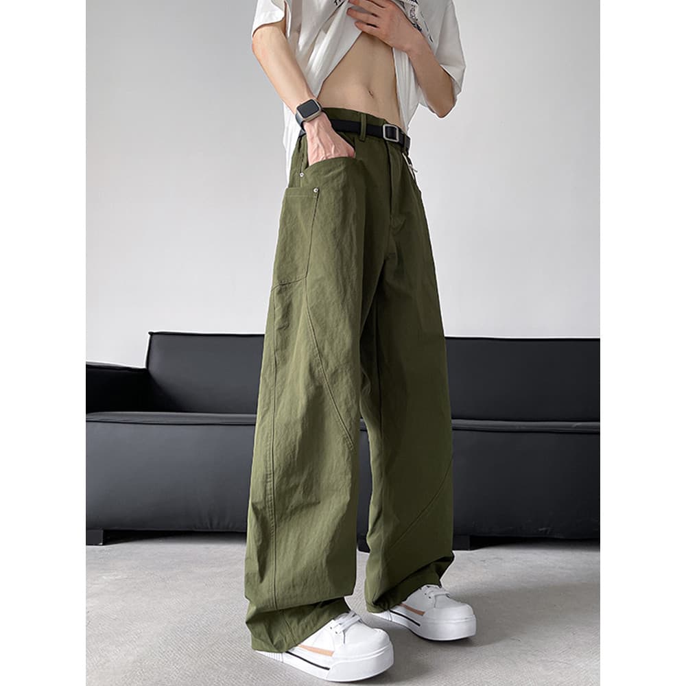 Verde do exército ligeiramente travado calças masculinas estilo americano Street Wear primavera outono macacão solto em