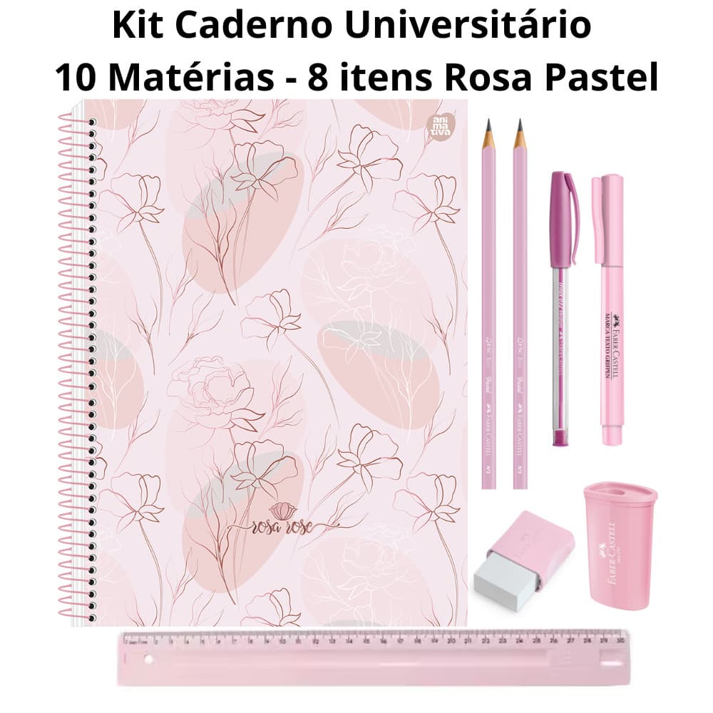 Kit Escolar Volta às Aulas Caderno Universitário 10 Matérias Rosa Rose