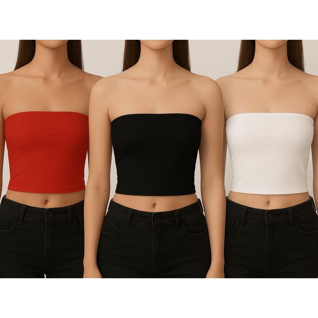 KIT 3 CROPPED TOP TUBE FAIXA TOMARA QUE CAIA PRAIA BLOGUEIRA SUPLEX