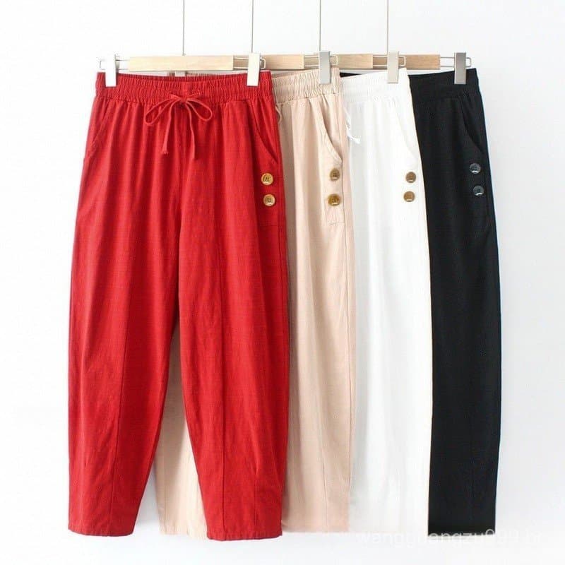 Calça De Linho De Algodão De Tamanho Grande Verão Solta # Harem Com Cintura Elástica