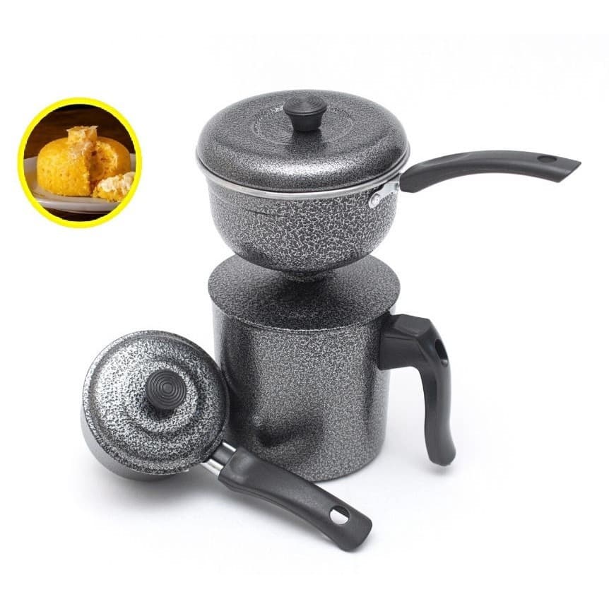 Cuscuzeiro Com 2 Conchas Porção Única Individual Prático 1,2L Em Aluminio Preto Craqueado
