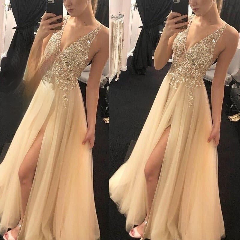 Adequado para vestido de dama de honra com lantejoulas e decote em V, vestido de noite longo sem mangas