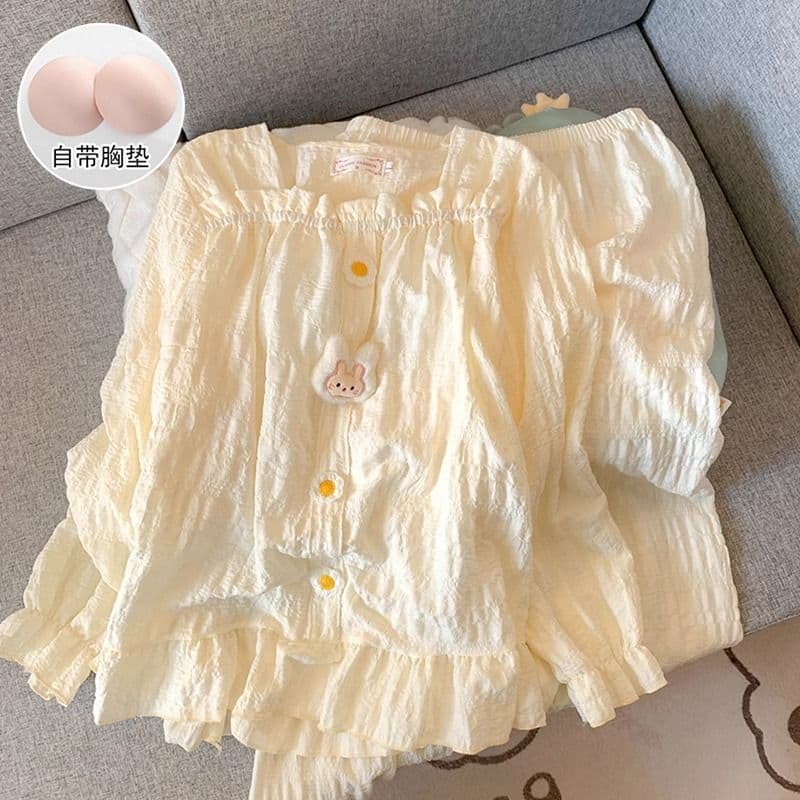 Pijamas primavera outono estilo feminino 2025 novo estilo com almofadas de algodão de uma peça outono bonito coelho senh