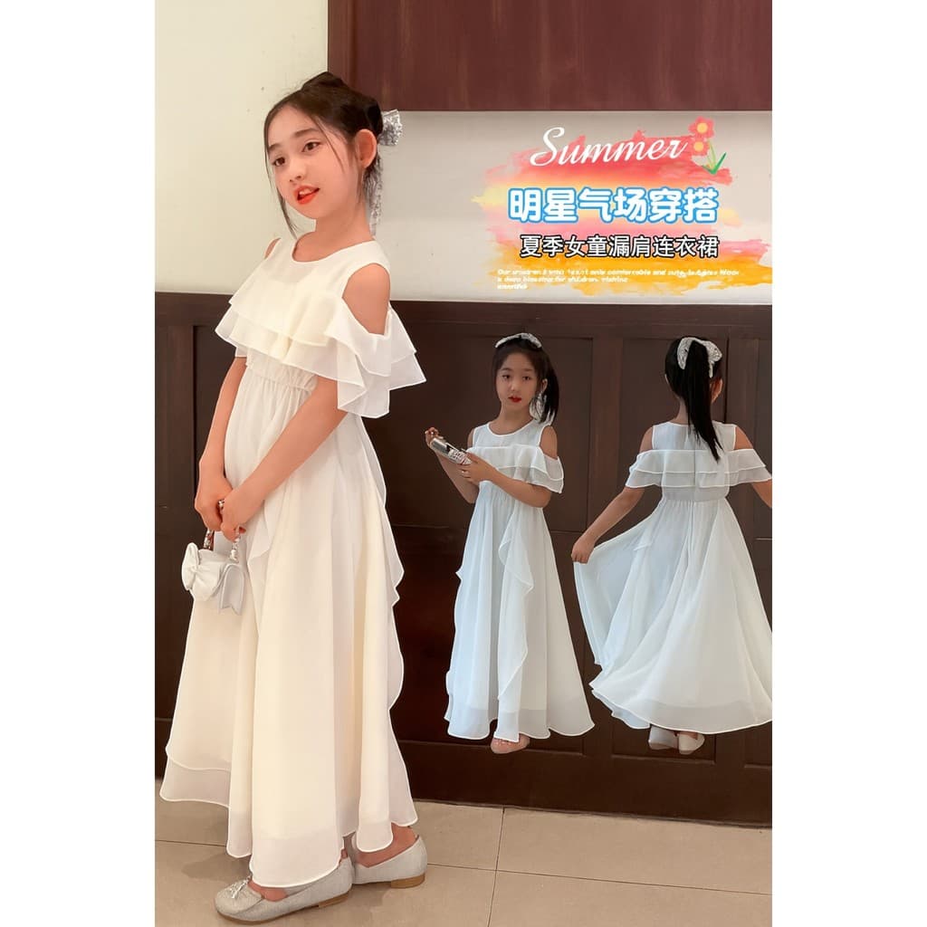 Vestido Juvenil Branco Feminino Ombro a Ombro com Babados Confortável, Leve para Festas e Ocasiões