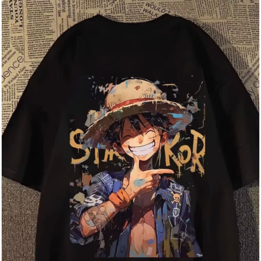 Camiseta Masculina Casual Plus Size Em Puro Algodão Com Estampa De Grafite Do Luffy Do Anime One Piece