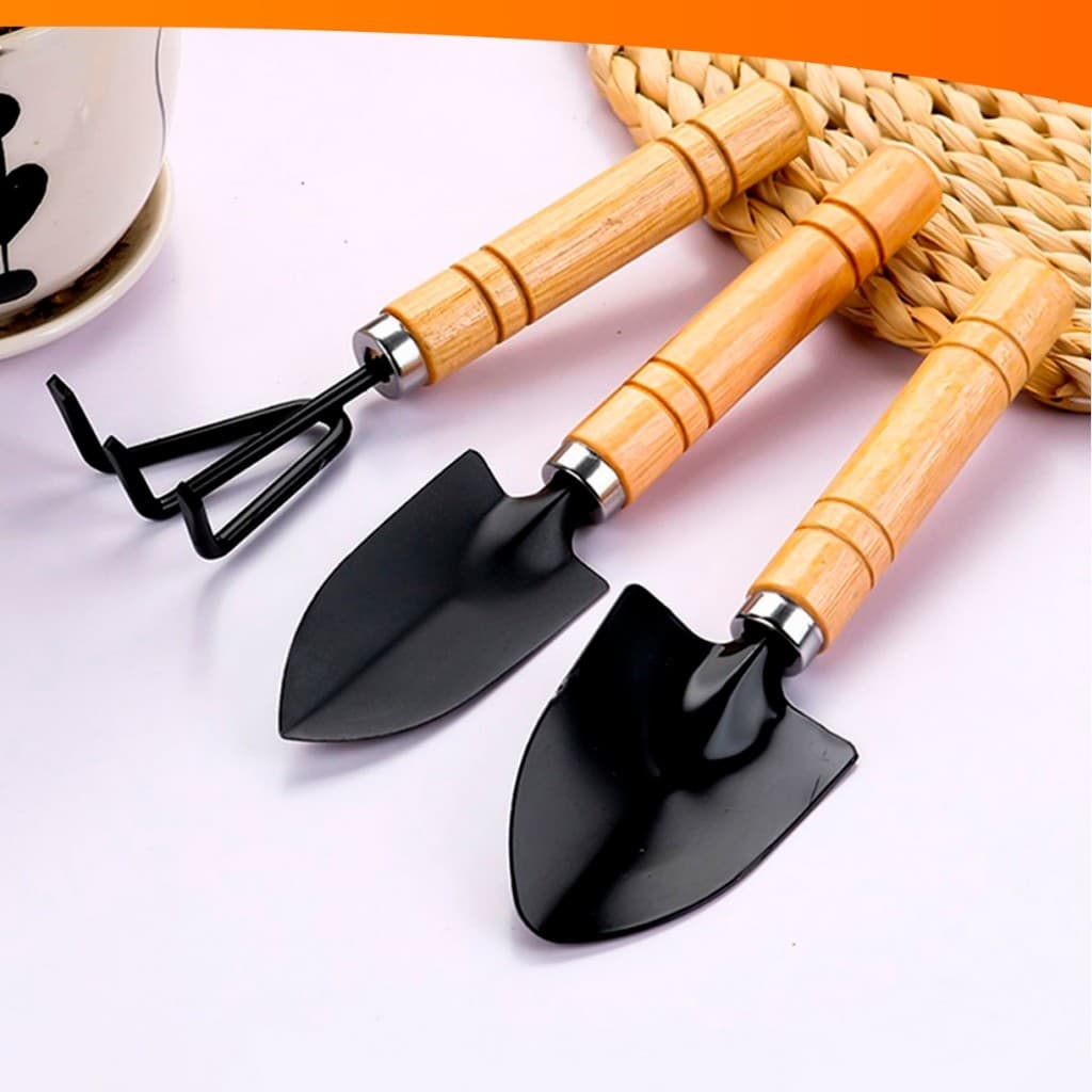 Kit 3 Peças Para Jardinagem Conjunto Mini Ferramentas Madeira Jardim Vaso Planta Horta Cultivo com Ancinho e Pá