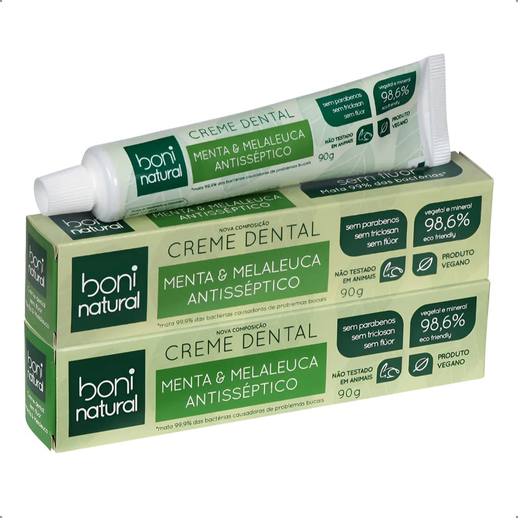 KIT 2 Pasta de Dente Sem Flúor Menta e Melaleuca Creme Dental Vegano Antisséptico Boni Natural 90g