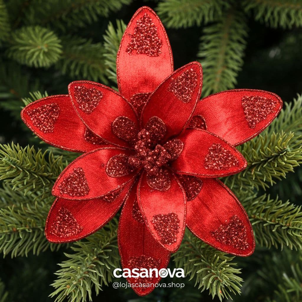 Flor Bico de Papagaio Natal Aveludado com Glitter Vermelho 27cm Alt - Enfeite Natalino Florarte
