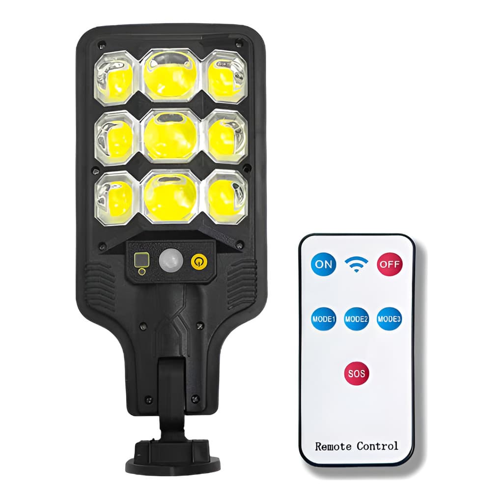Luminária solar de rua com controle remoto, LED COB olho de peixe de alta transparência e sensor de movimento ajustável.