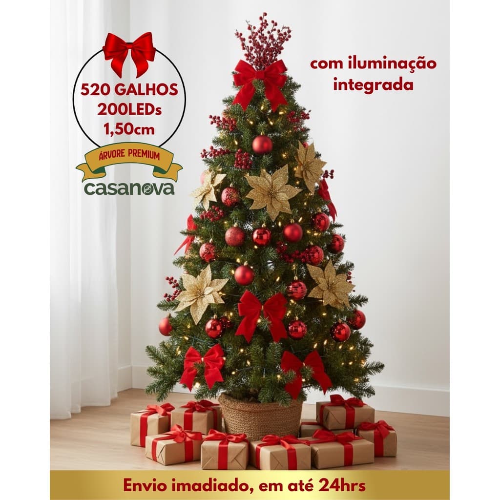 Árvore de Natal Cheia 1,50m 520 Galhos Iluminada com 200 LEDs e Pé de Metal – Decoração Natal Luxo