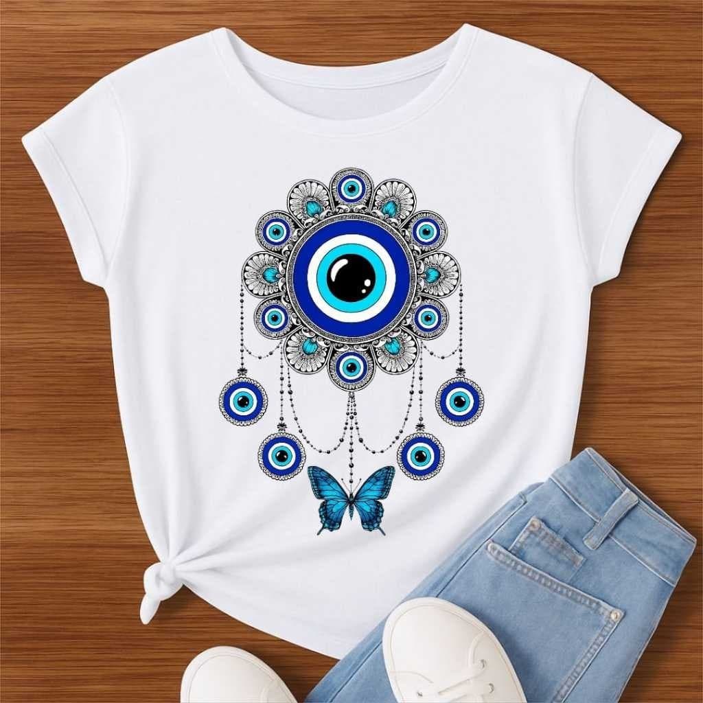 Camiseta 100% Algodao Blusa Olho Grego Mandala Proteção Estampa Azul