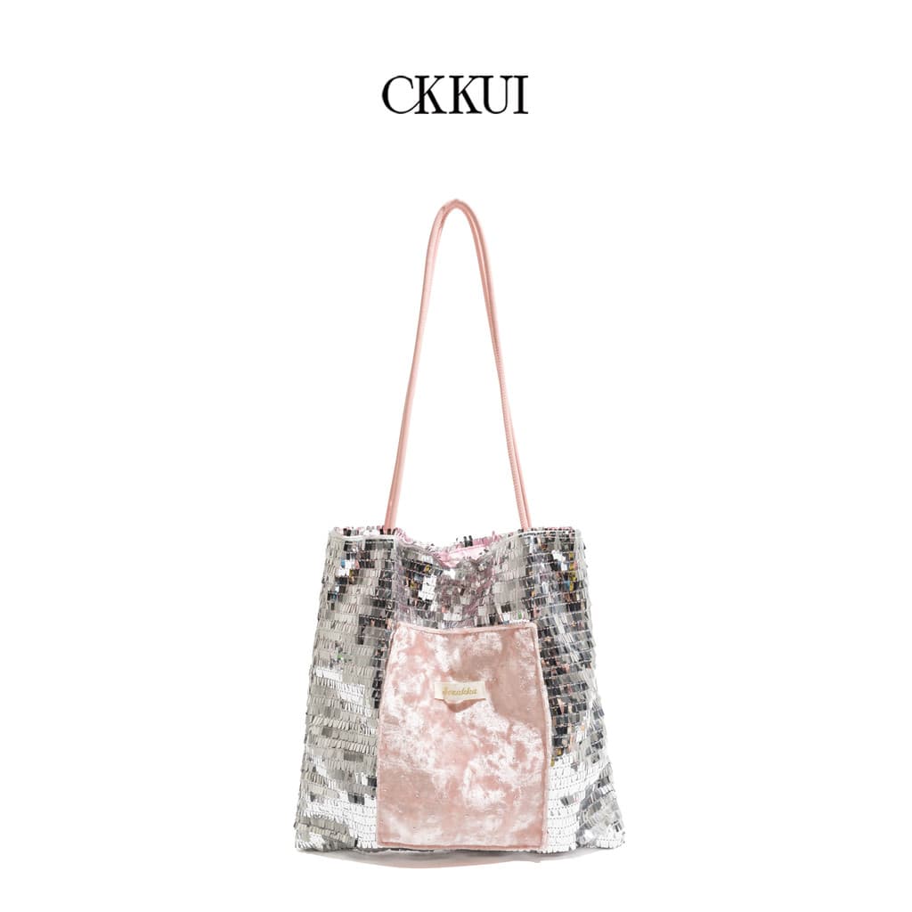 CKKUI Bolsa rosa com Design de lantejoulas estilo coreano 2025 Novo estilo bolsa de ombro de grande capacidade Bolsa Tot