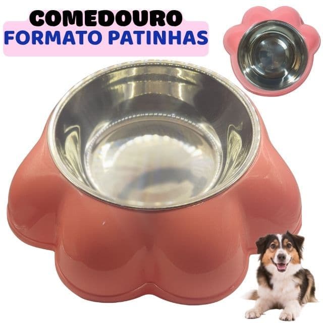 Comedouro Formato Patinhas com Tigela em Aço Inox Removível