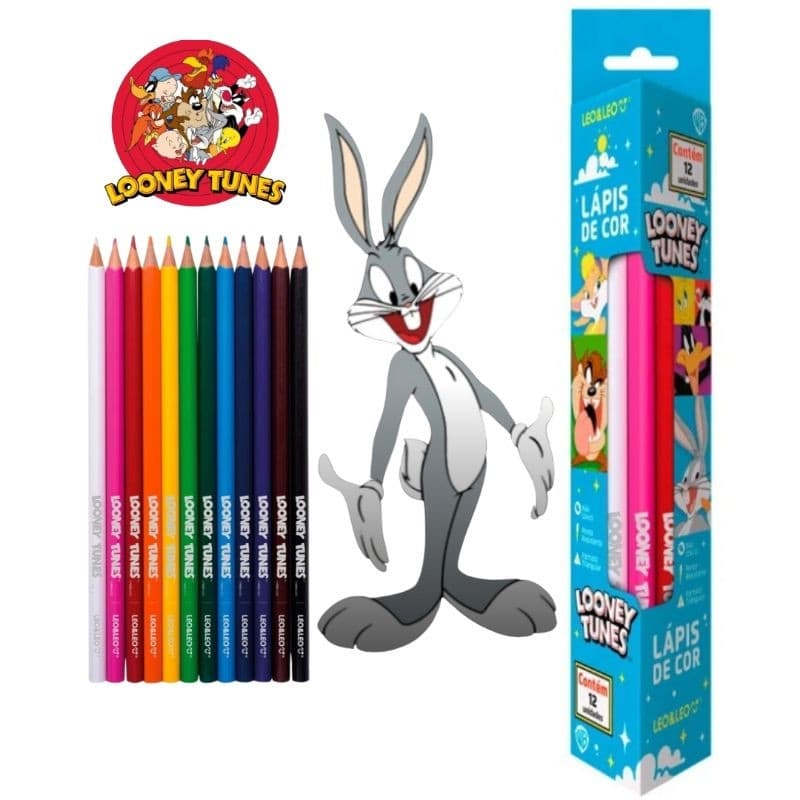 Lápis de Cor Looney Tunes 12 cores Triangular e Kit Escolar completo borracha apontador