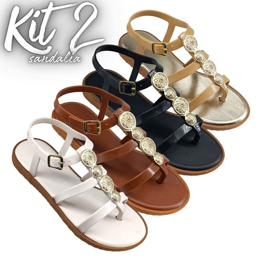 Kit 2 Pares Sandália Feminina Papete Gladiadora Tendência Confortável Leve Flat - Caribe