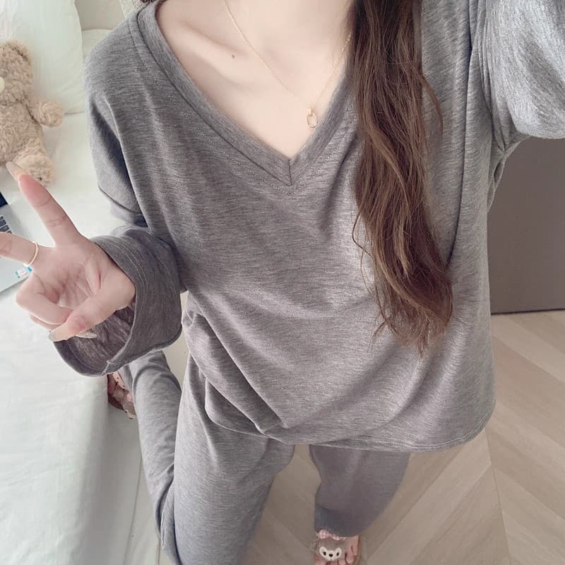 Pijamas com almofadas no peito feminino 2025 novo estilo primavera outono calças de manga comprida cinza com decote em V