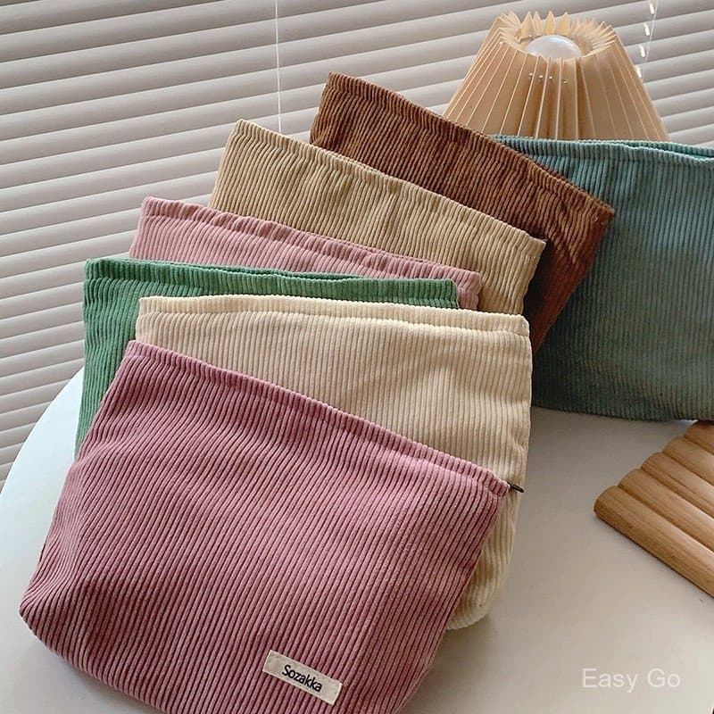 Bolsa De Cosmético Retro Corduroy Com Zíper Maquiagem Feminina De Grande Capacidade
