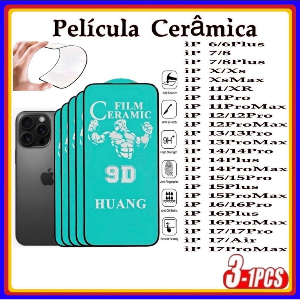 Película de Cerâmica 9D Gel Hidrogel Flexível iPhone 6 7 8 PLUS XR 11 12 13 14 15 16 17 PROMAX 15PROMAX 16PROMAX