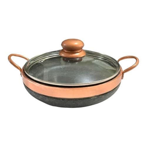 Paella Frigideira De Pedra Sabão 20 Cm Com Tampa De Vidro Pegador Exclusivo