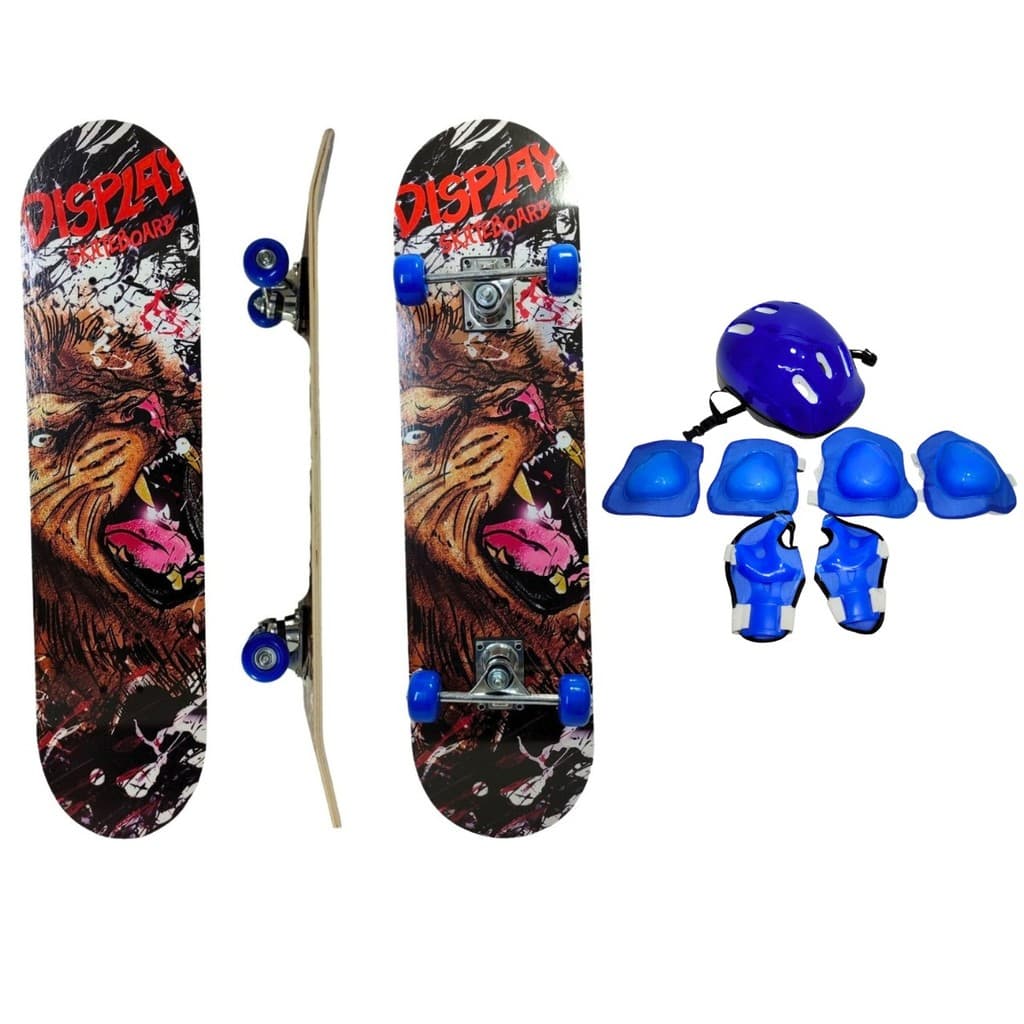 Skate Leão 50 Kg + Kit De Proteção Completo 7 Peças Azul