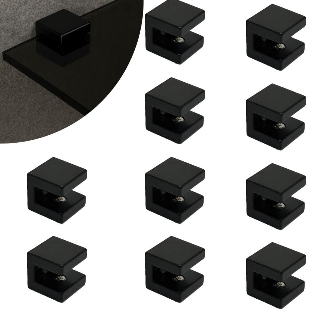 Kit 10 Suportes Fenda Quadrado 1 Furo Para Prateleira de Vidro 6mm em Zamac Preto Pintura Eletrostática Automotiva