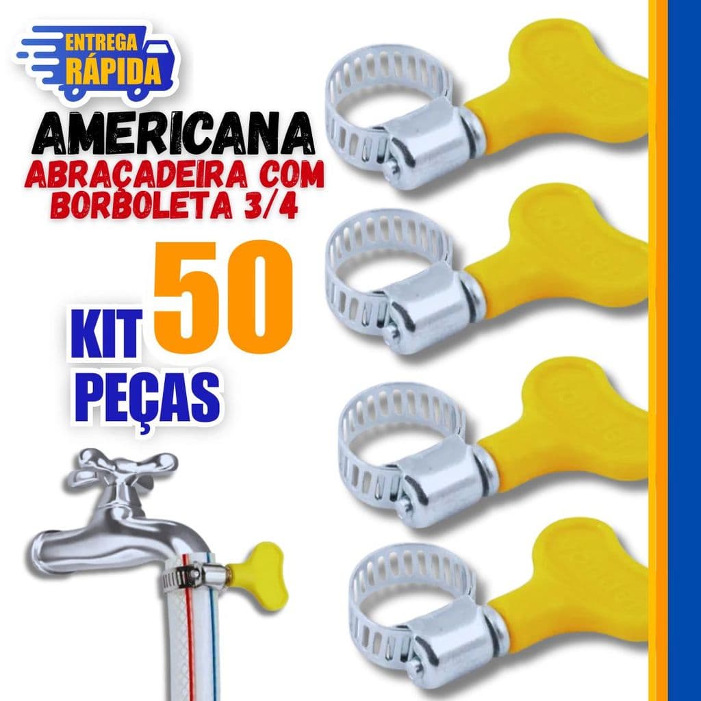 Kit 50 Un. de Abraçadeira Americana Inox Vazado E com Parafuso com Borboleta 13-19mm Utilidades Mangueira
