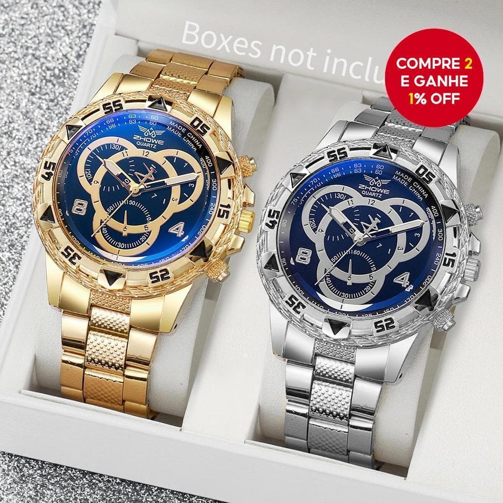 Conjunto De 2 Peças De Relógio De Quartzo Com Mostrador Grande De Luxo Masculino Da Moda Sem Caixa