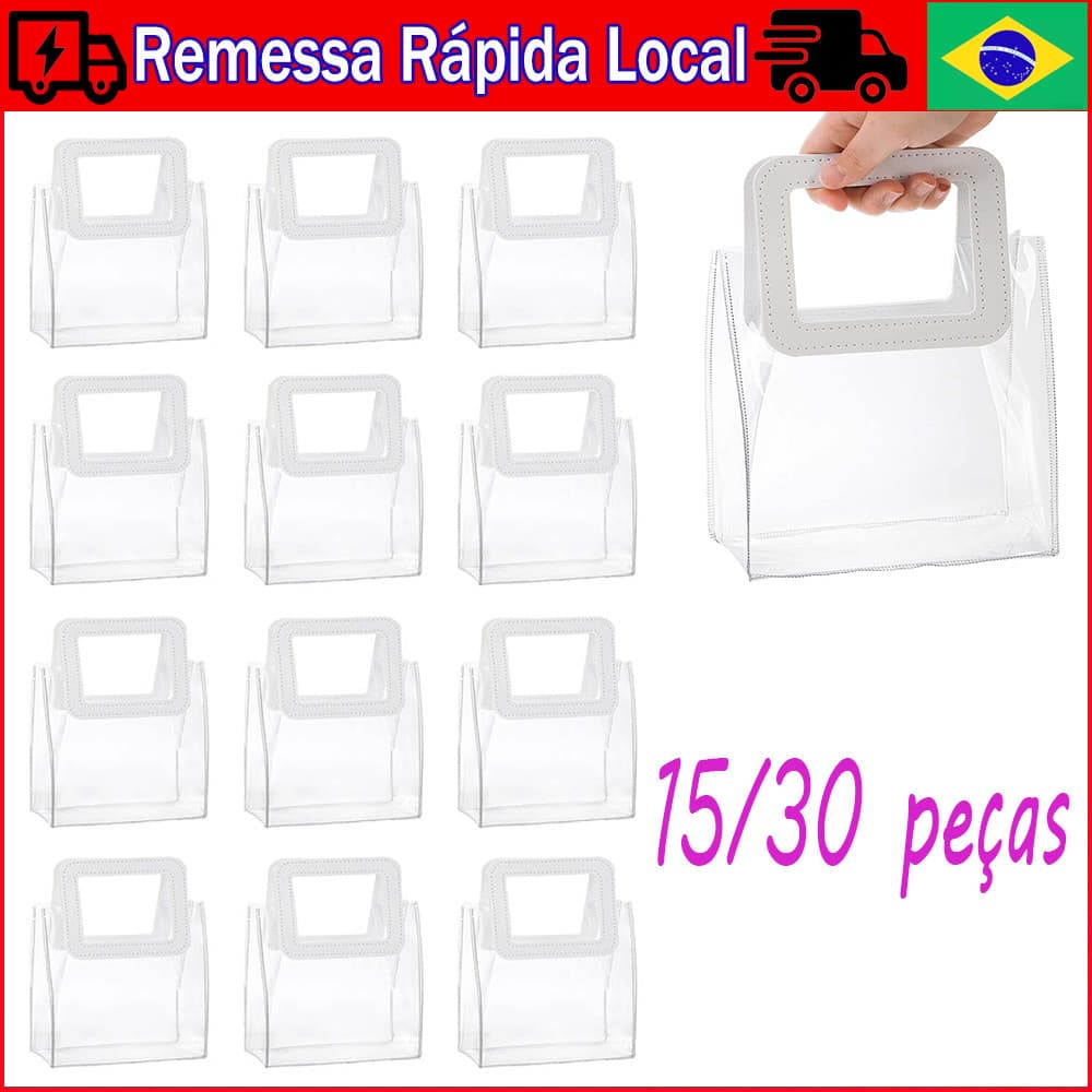 15/30 Sacos de presente transparentes com alça para lembrancinhas de festas de Natal, casamento, 17 x 17 x 8.5 cm