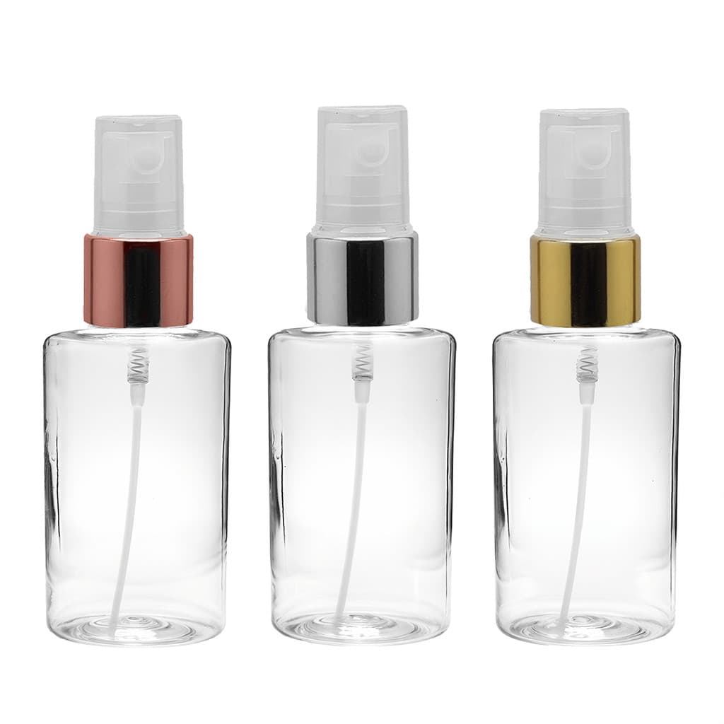 Frascos 60ml reto baixo 20/410 Plástico Pet Válvula Spray Metalizada borrifador para perfumes viagem