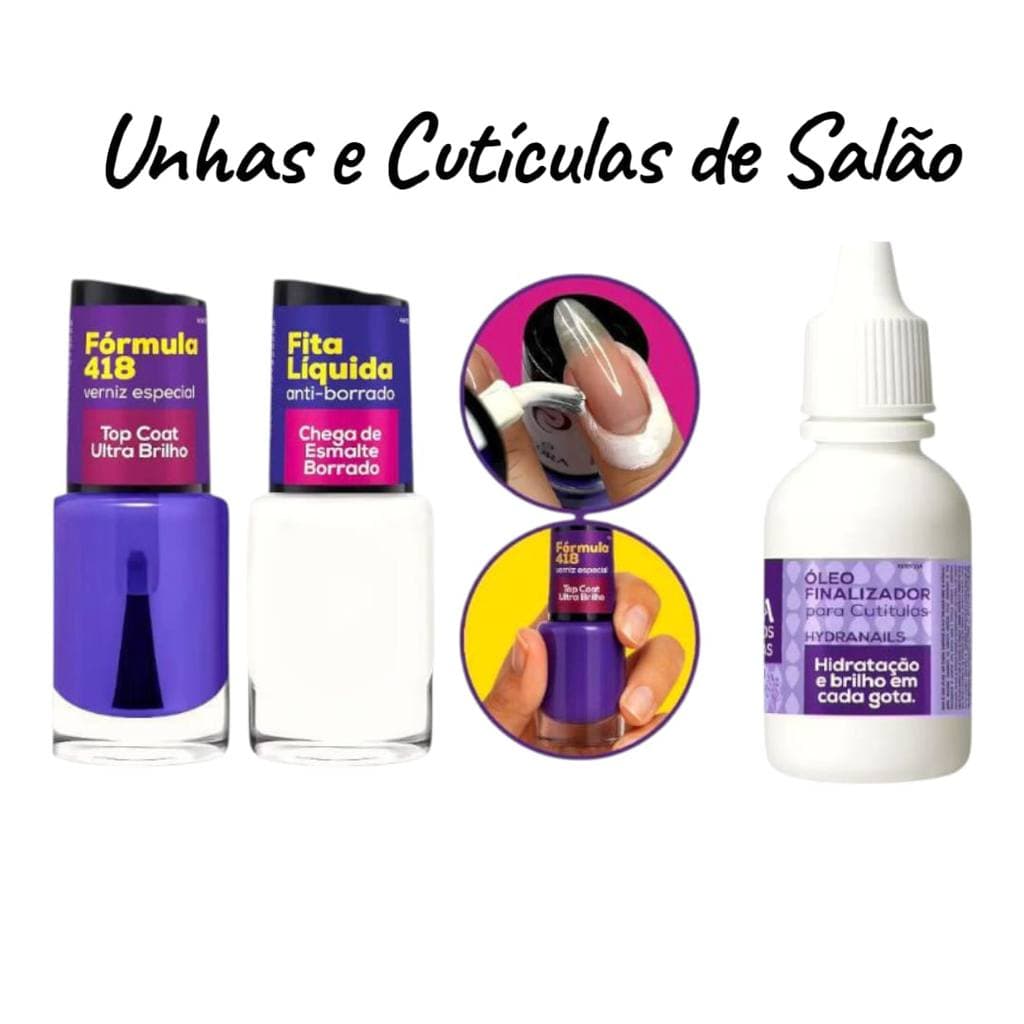 Kit Unhas e Cutículas Perfeitas Cora: Fita Líquida + Top Coat  Fórmula 418+ Óleo Finalizador Lavanda Para Cuticulas Cora