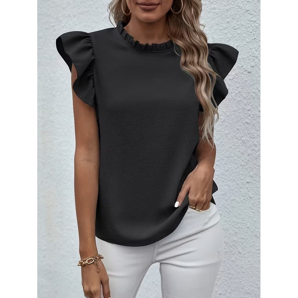 Blusas Pescoço Acabamento de babados Babado elegante para primavera e verão