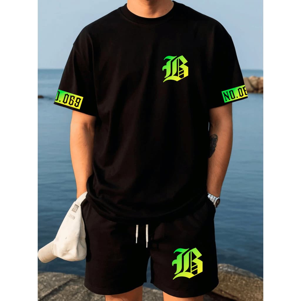 Conjunto Streetwear Degrade Verde/Amarelo B N0.096 Camiseta 100% Algodão + Shorts Tactel