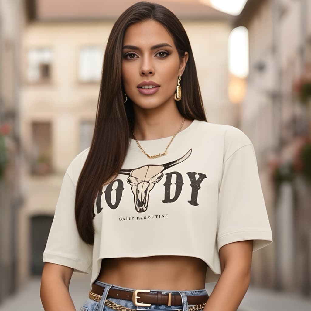 Cropped Estampado Camiseta Feminina Básica De Malha Algodão Confortavel Moda Premium Touro Country