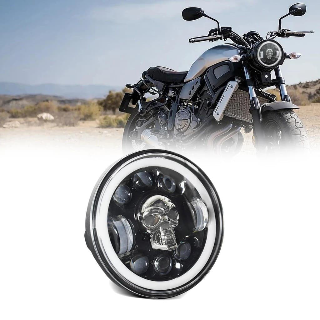 Farol de LED para Motocicleta de 5,75 Polegadas, Estilo Caveira, com Luz Alta/Baixa, Sinal de Seta, DRL, Luz de Olho de