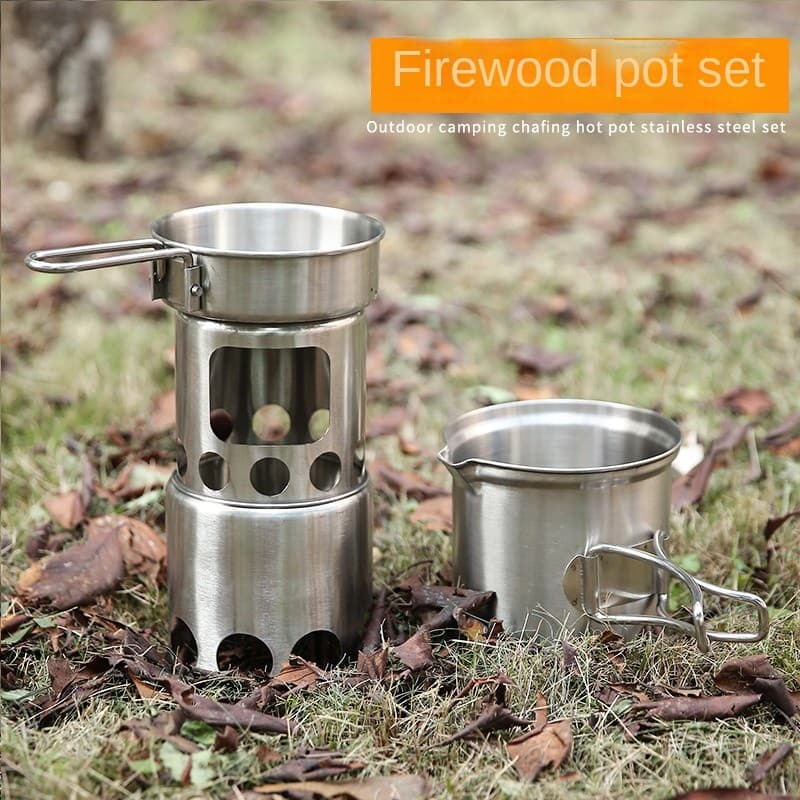 Conjunto de 2 peças de fogão a lenha de aço inoxidável ao ar livre pote portátil acampamento à prova de vento conjunto d