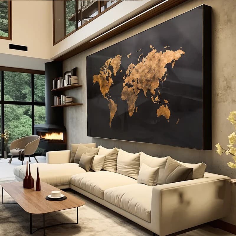 Quadro Decorativo Mapa Mundi Gold – Estilo Sofisticado, Impressão Premium