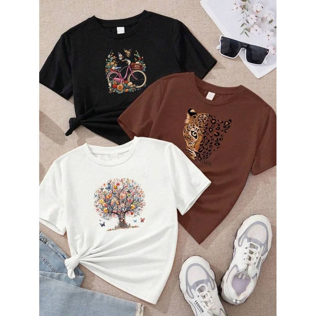 Kit 3 Camisetas Feminina Blusa de Algodão Gatinho Flores Onça Fases da Lua Tumblr Malha Premium T-shirts  Animal  Praia