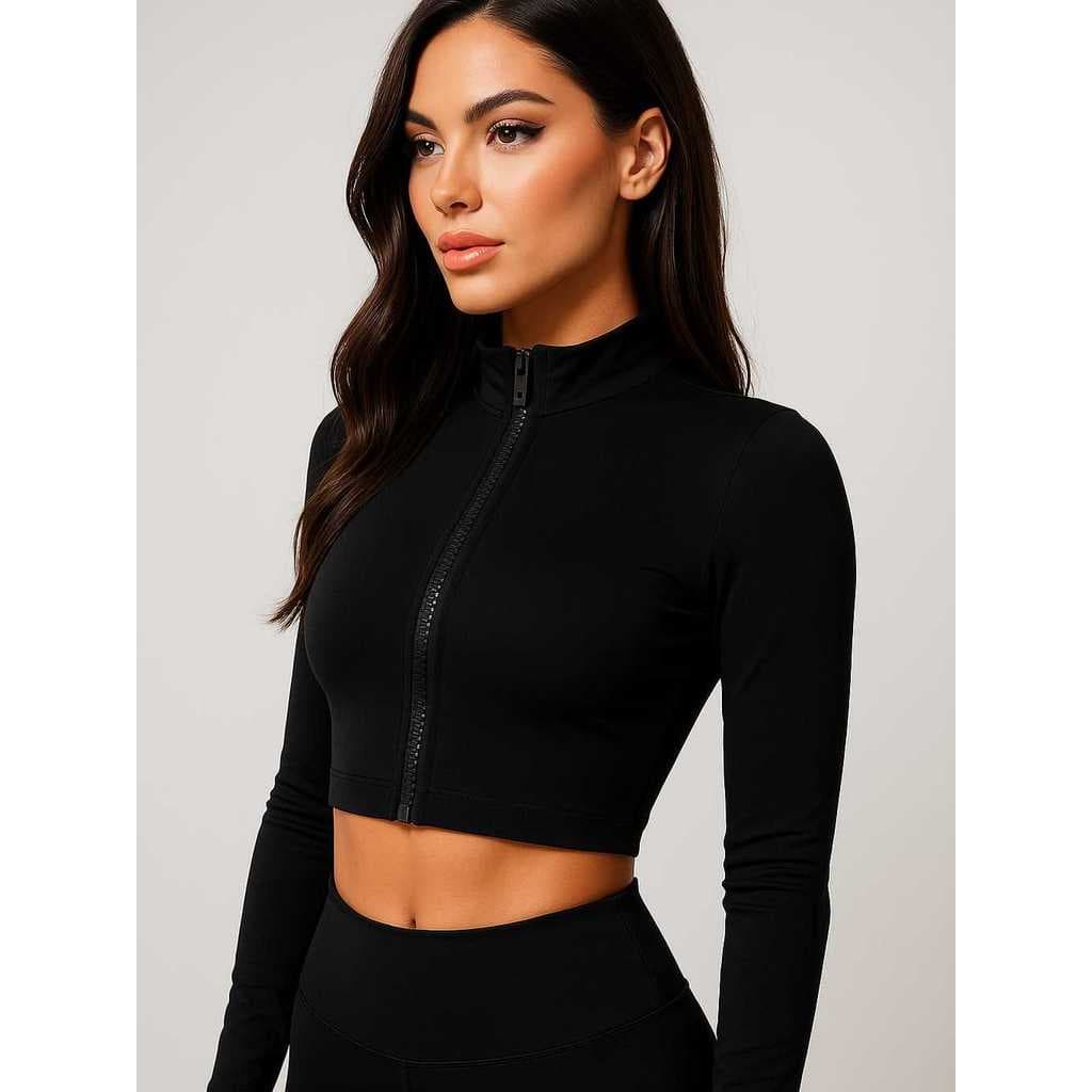 Cropped Feminino Manga Longa Moda Academia Com Zíper Reforçado Preto Fitnes